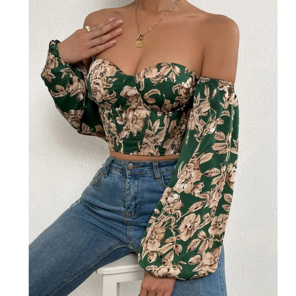 Boho Floral Print Lace up Off Shoulder Corset Top - Picture 4 of 15
